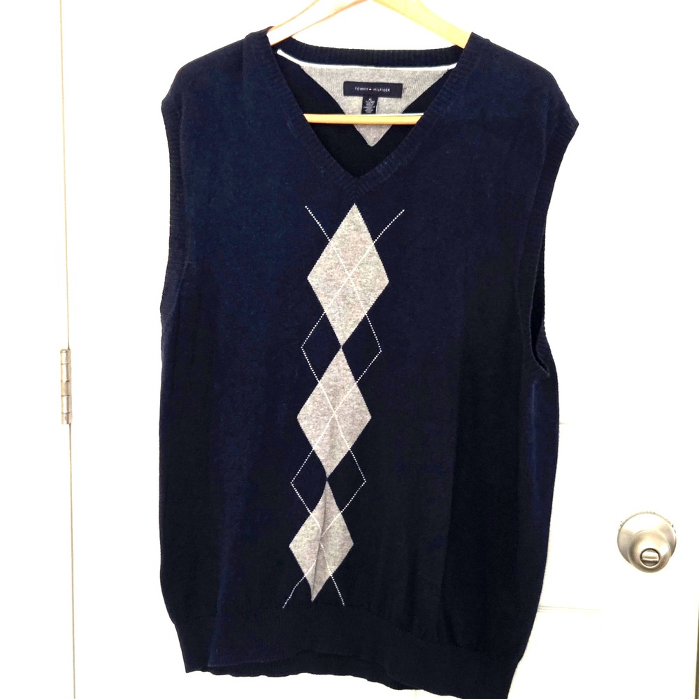 Mens Tommy Hilfiger Argyle Vest Navy and Gray Size XL